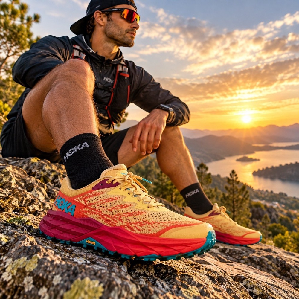 HOKA Speedgoat 5 Men's 8D Trail Running Shoes Vibram Megagrip Orange Yellow
